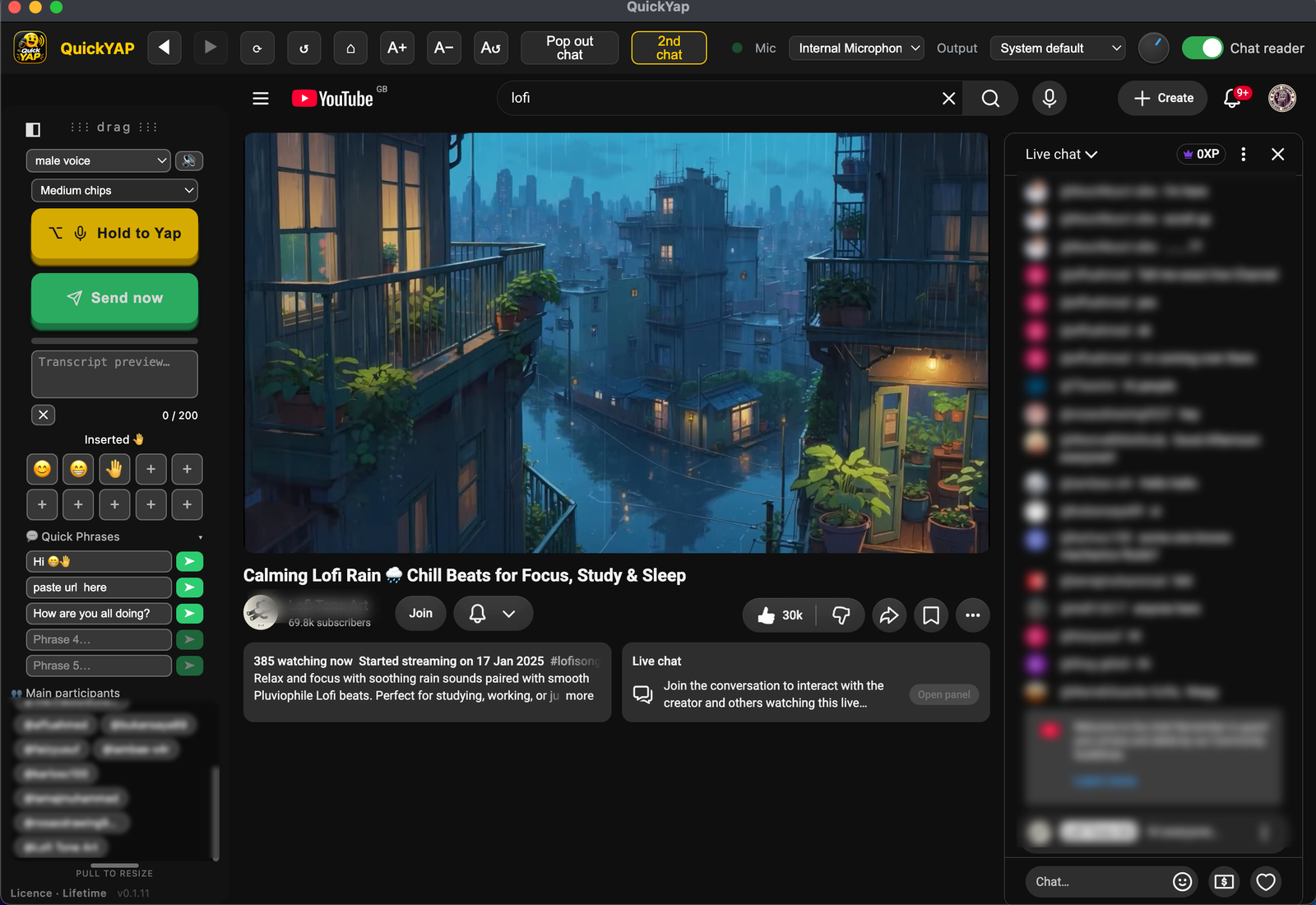 QuickYap running on a YouTube live stream with the panel docked on the left
